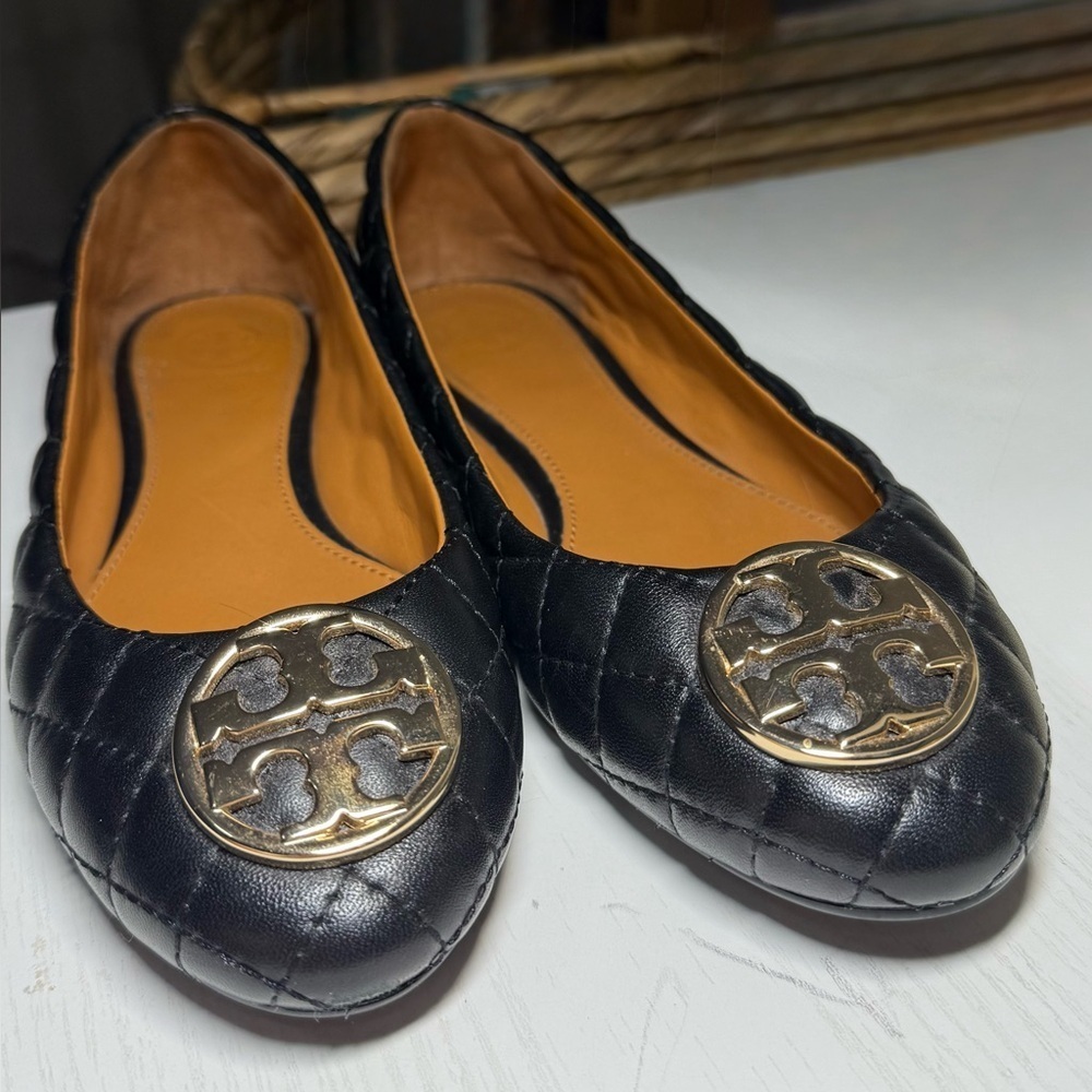 Tory Burch Black Quilted Flats with Gold Logo
